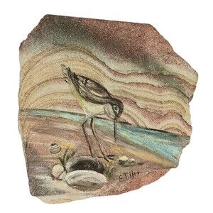 Handpainted Sandpiper Bird On Slice Of Natural Sabstone Brown Turquoise 6" x 6"